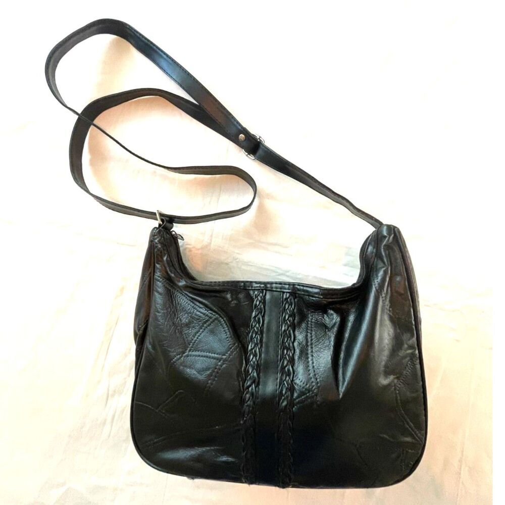 Vintage Leather Patchwork Hobo Black Crossbody Bag Y2K Braided Detail **READ**